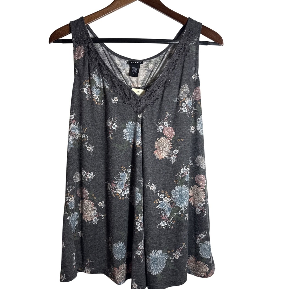 Torrid Women's Size 0 Black Floral Sleeveless Lace Inset Trim Split Back Tank‎